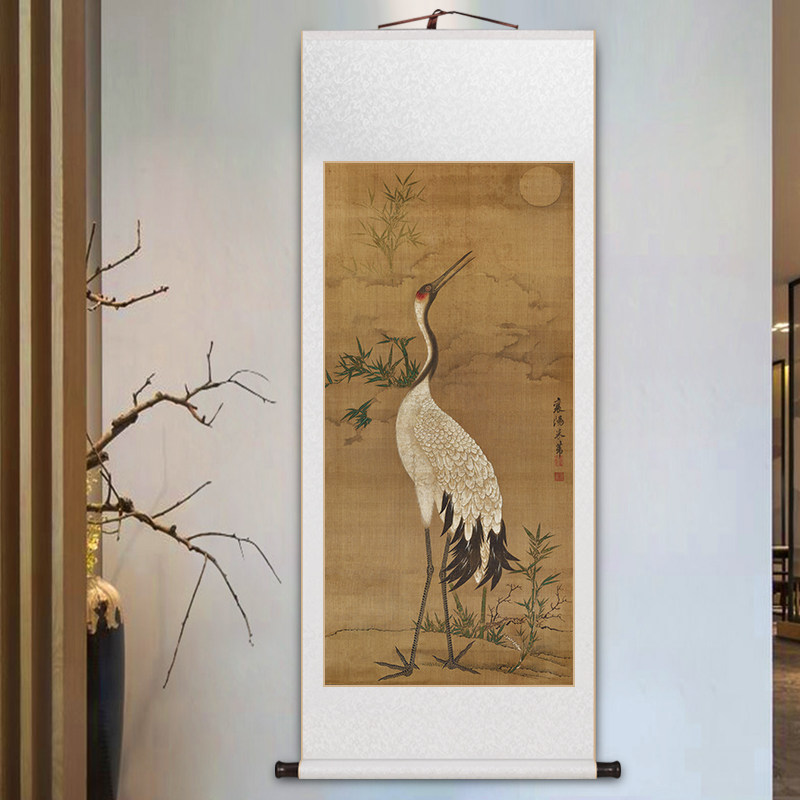 白鹤图名家卷轴挂画仙鹤国画新中式客厅装饰画书房茶室玄关壁画