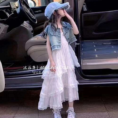 女童蕾丝连衣裙2024夏季法式公主蛋糕裙吊带裙中大童牛仔马甲潮