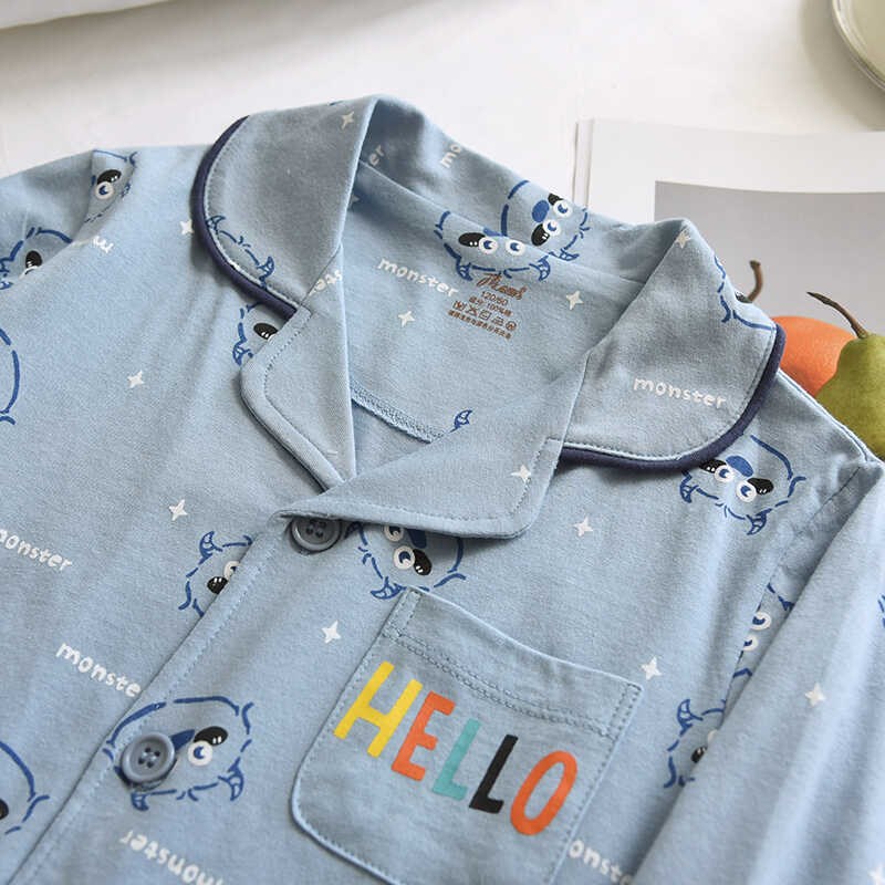 雾霾蓝小怪兽儿童可爱卡通春秋纯棉睡衣套棉毛宝宝男童长袖家居服