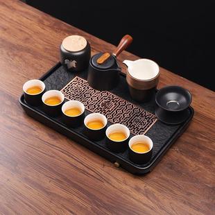 粗陶日式 黑陶功夫茶具套装 家用办公茶盘茶具黑禅风盖碗茶壶茶杯