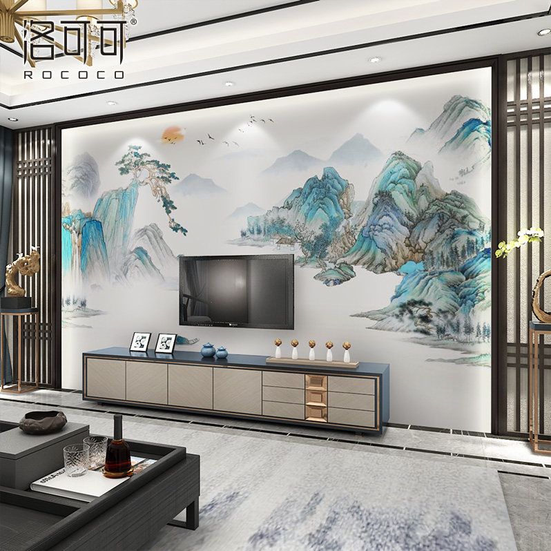 热销国潮风山水壁纸壁布新中式墙纸客厅酒店民宿装饰壁画电视背景