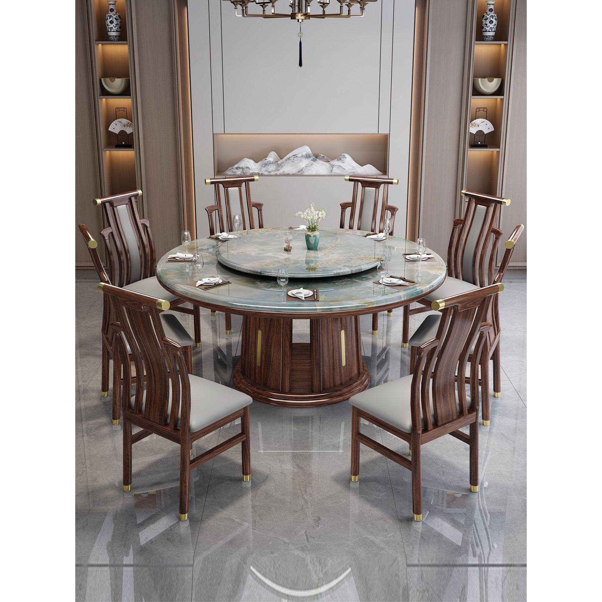 高端大理石餐桌椅组合新中式家用餐厅别墅实木圆桌乌金木色带转盘,住宅家具,大理石餐桌,淘宝优惠券,粉丝福利购,淘宝优惠卷