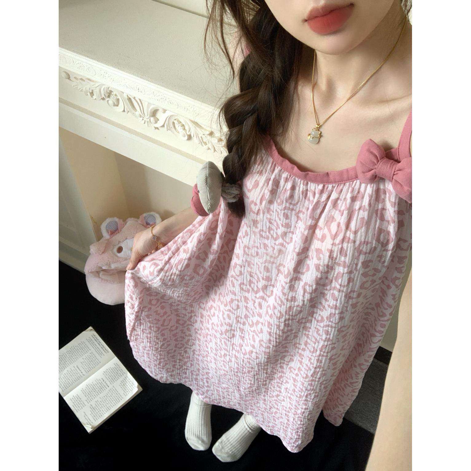 夏日少女甜美豹纹纯棉纱睡裙女款2025新款夏吊带裙睡衣可外穿夏季