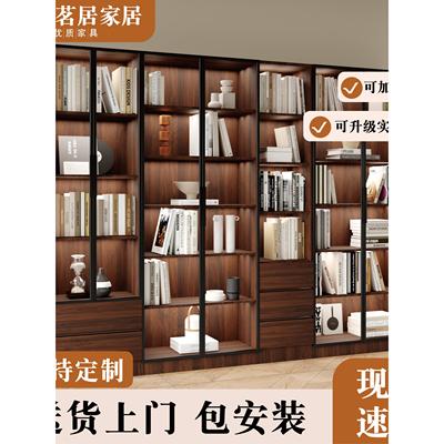 实木带玻璃门书柜定制整墙家用客厅一体展示柜加高防尘储物书柜