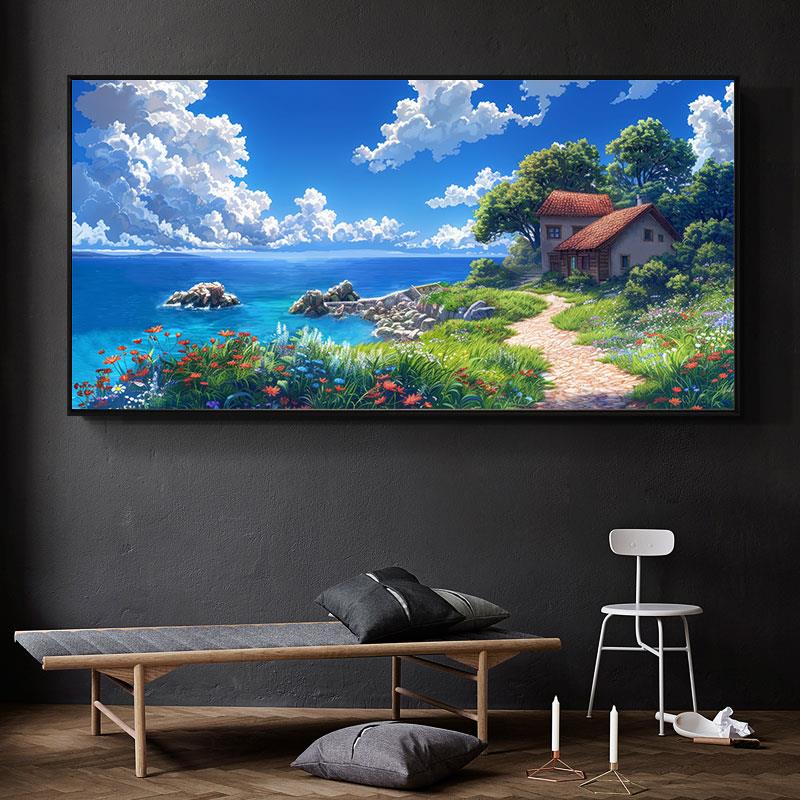 宫崎骏动漫风景大海边蓝天白云卧室床头装饰画客厅沙发背景墙挂画