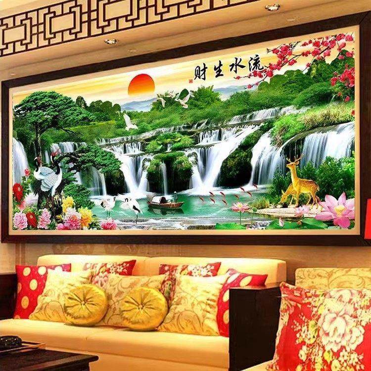 十字绣成品纯手工流水生财人间仙境聚宝盆客厅山水风景挂画 画带,居家布艺,十字绣成品,淘宝优惠券,粉丝福利购,淘宝优惠卷