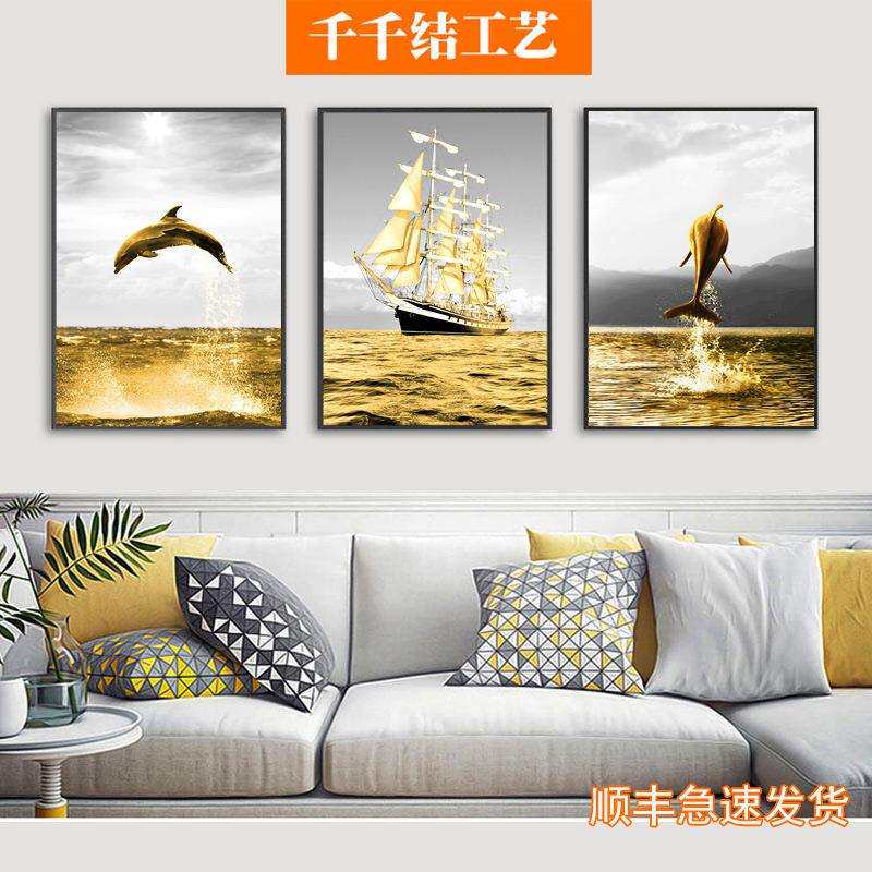 北欧金色帆船装饰画大海客厅现代简约壁画桥建筑挂画工业风灯铁塔