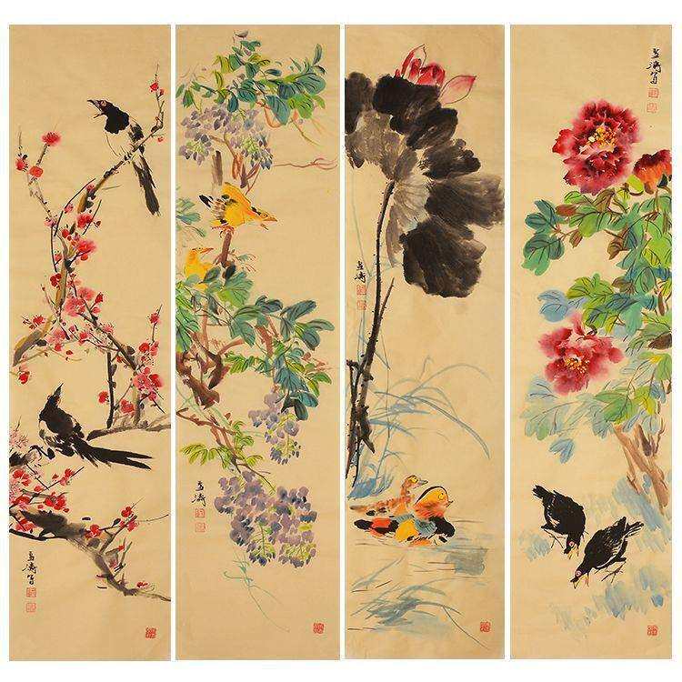 纯手绘写意花鸟条屏王雪涛装饰画国画水墨画办公室画房间画挂墙画