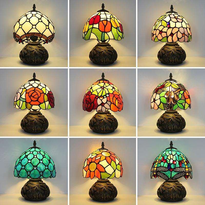 蒂凡尼新款美式复古台灯客厅书房彩色玻璃手工艺灯罩灯具美式台灯
