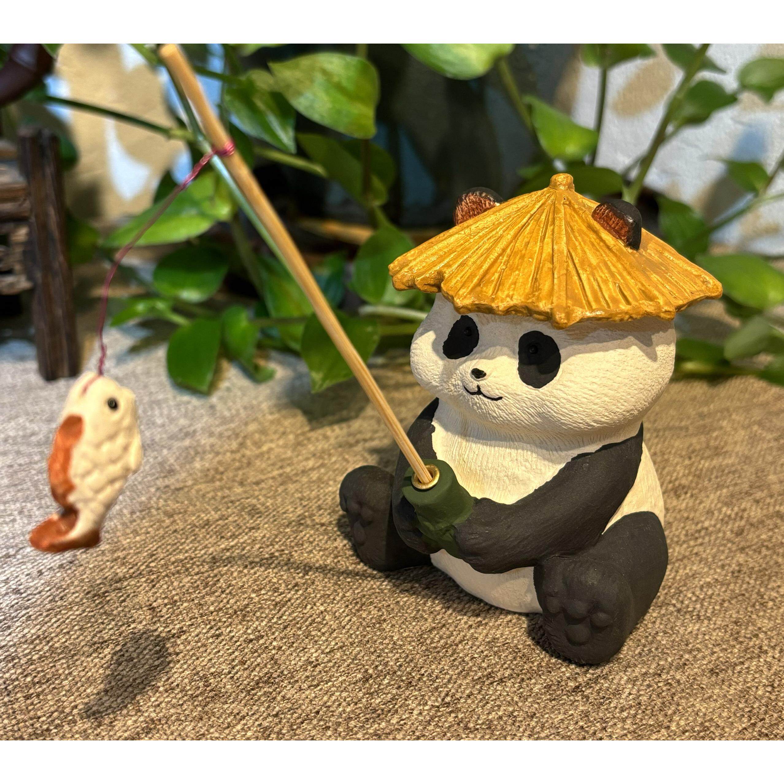 熊猫钓鱼假山流水微景观造景生态古法鱼缸边乌龟缸草缸装饰品摆件