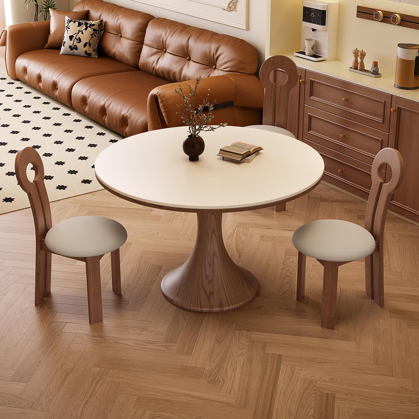 岩板圆桌中古风简约小蛮腰餐桌小户型家用圆桌带转盘白蜡木圆餐桌