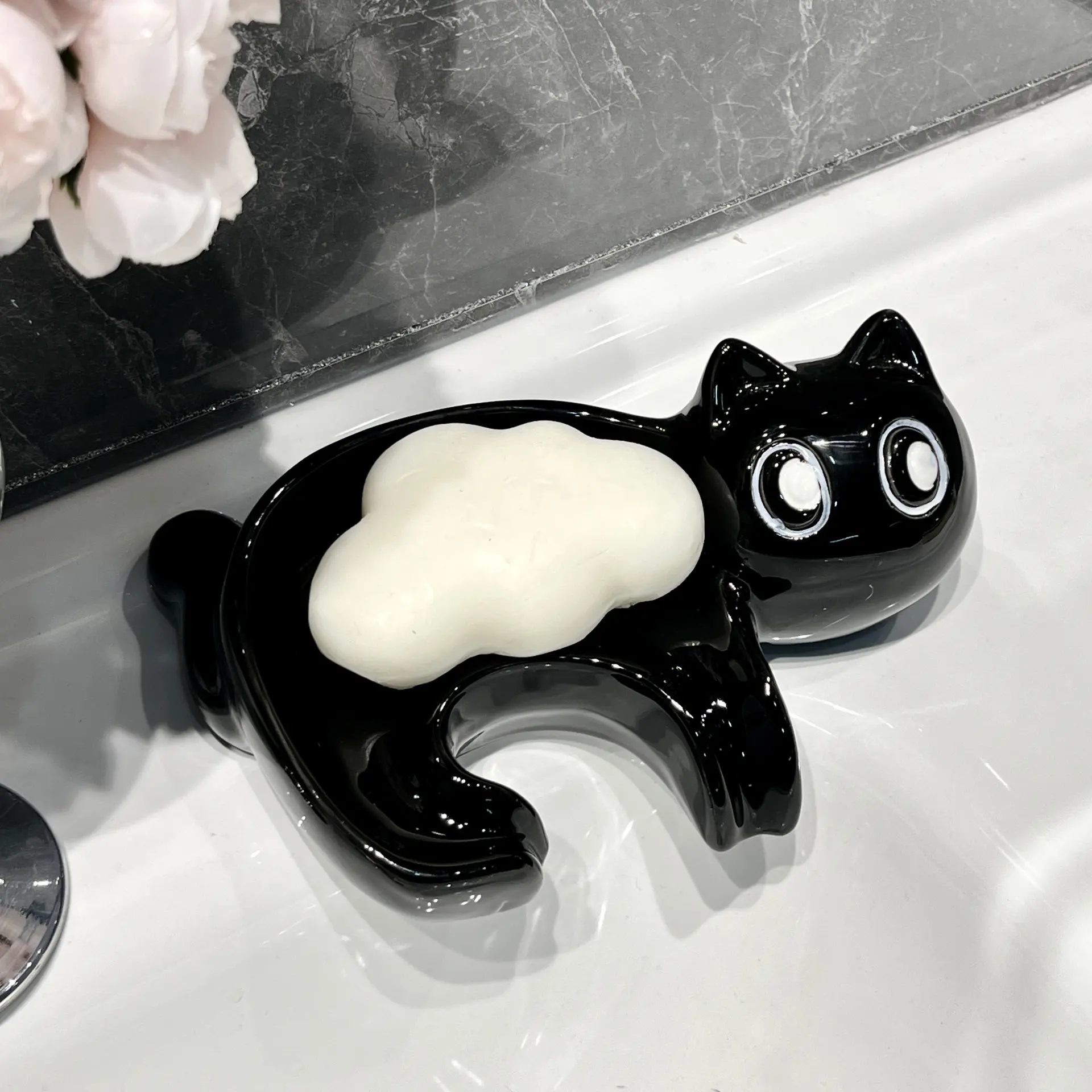 荣雄黑猫咪沥水肥皂盒不积水