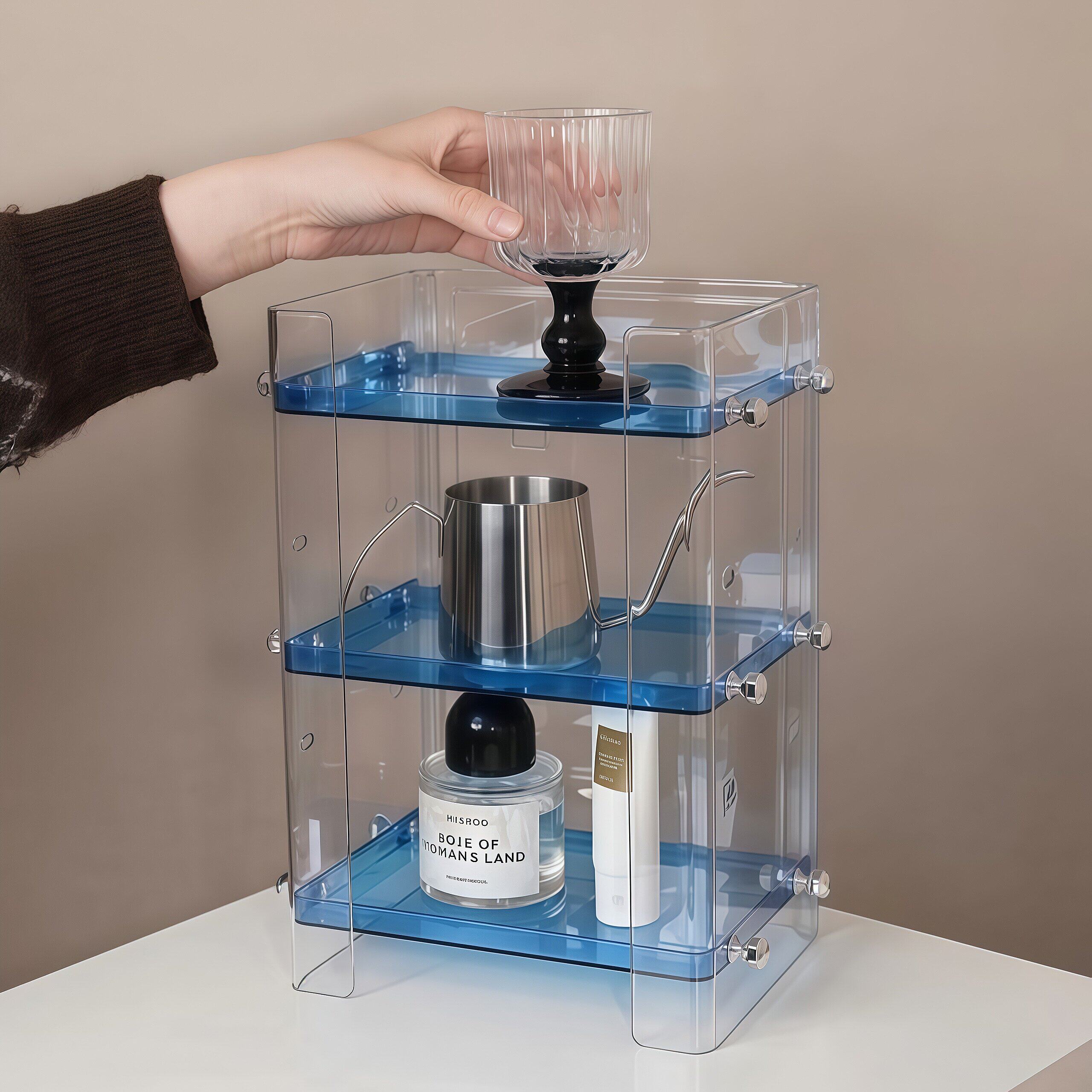 透明蓝色台面分层置物架浴室洗手盆高级护肤品化妆品调节收纳架子