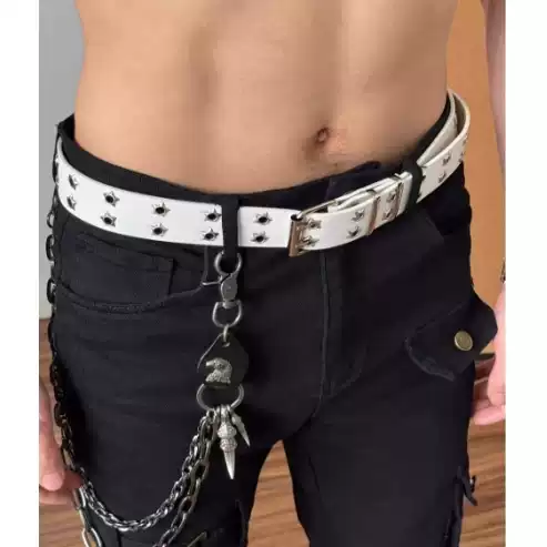 双排星星铆钉白色腰带男美式高街