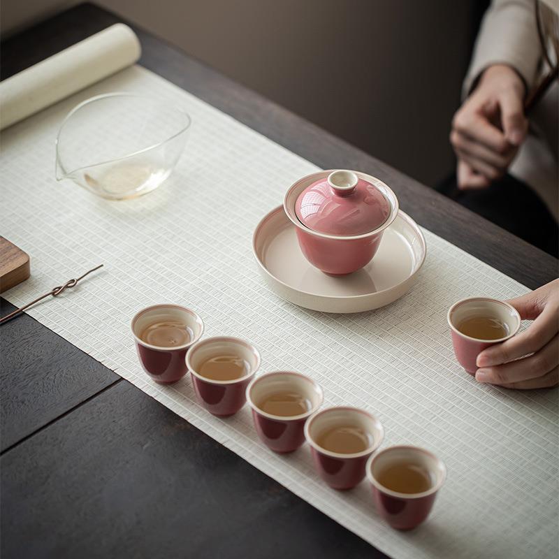 新款直销墨己 豇豆红整套仿古茶具套装 陶瓷泡茶盖碗茶具套组礼盒