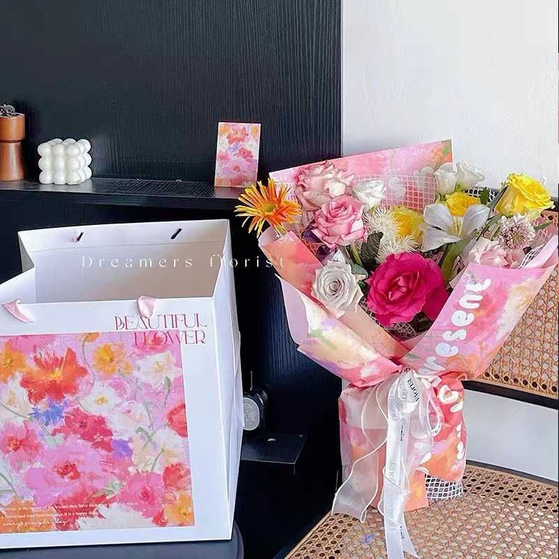 新款直销梯形花束手提袋透明开窗方形花束手拎袋花店花艺小花束装