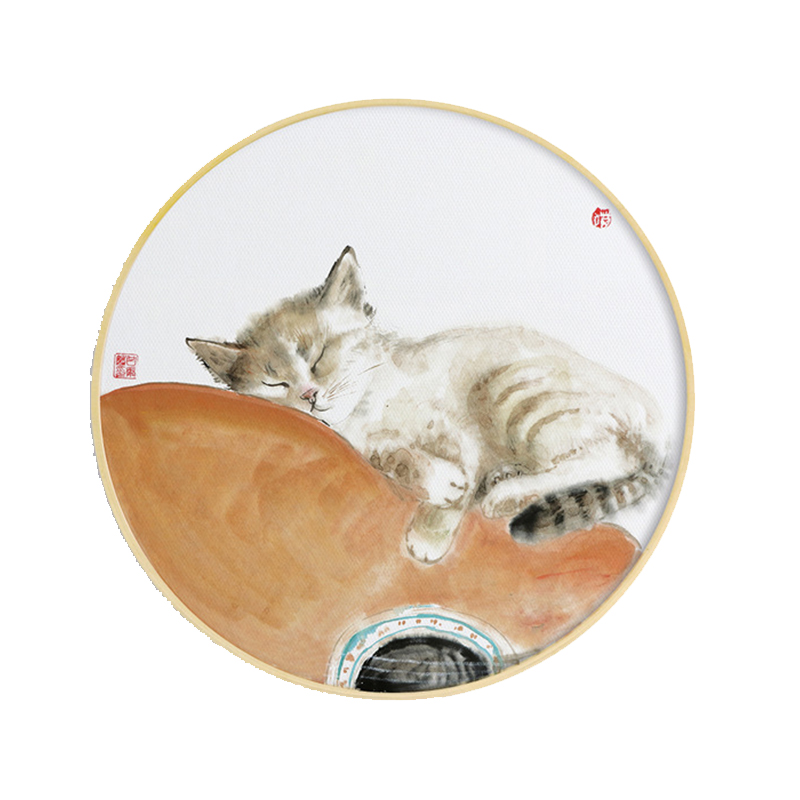 新中式装饰画卡通猫咪喷绘油画客厅沙发背景玄关墙上挂画圆形壁画图片