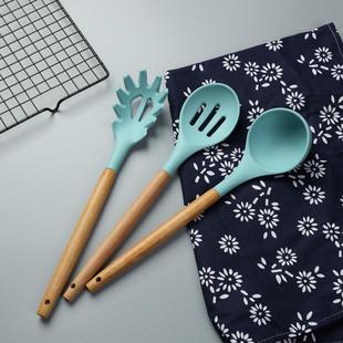 直销家用木柄硅胶绿色烹饪勺铲厨具套装 直销新款 食品级耐高温烘焙