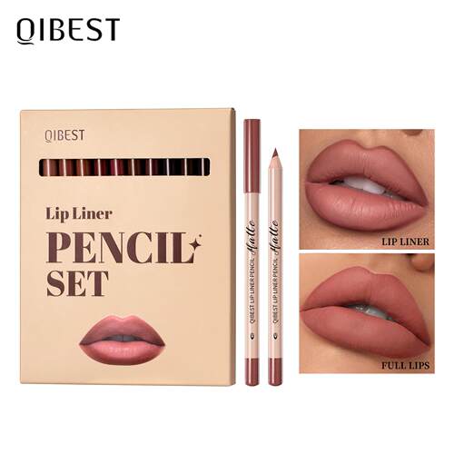 QIBEST欧美跨境12色原木哑光口红唇线笔套装裸色持久不脱色彩妆