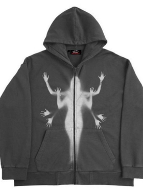 Printed casual loose cardigan hooded sweater宽松开衫街头卫衣