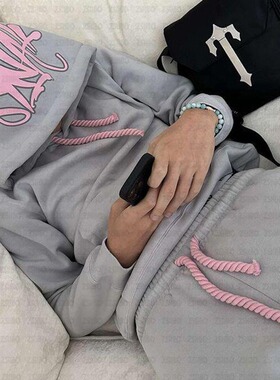 欧美个性synaword印花连帽衫复古风卫衣套装Y2K上衣街头潮流长裤