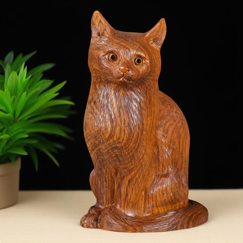 工艺品摆件花梨木实木猫动物木制摆件装饰雕刻木雕可爱工艺品绢花