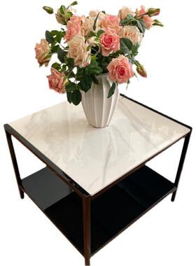 简约轻奢黑色不锈钢沙发方形亮光岩板边几极简侧边小茶几储物角几