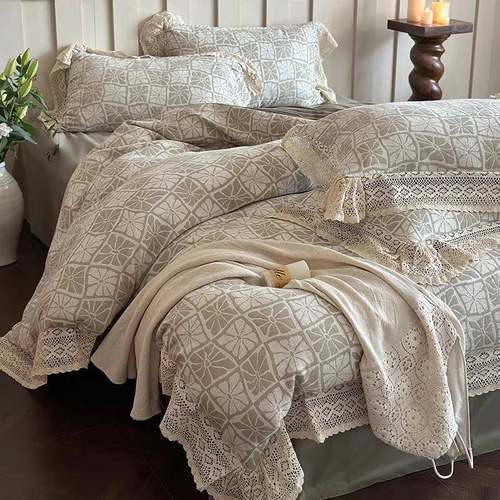 秋冬法式复古风100S全棉磨毛四件套花卉提花蕾丝加厚被套床上用品