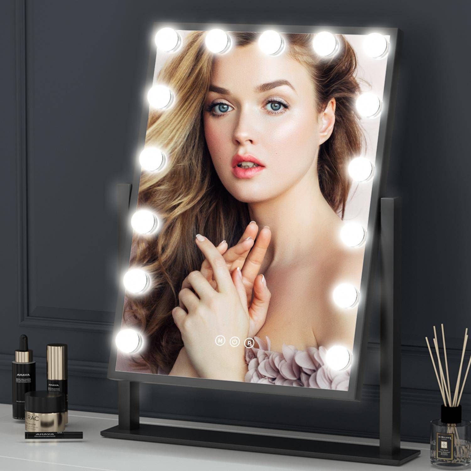 供应台式好莱坞led化妆镜带15灯泡智能三色调光梳妆铁框led镜子