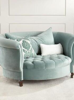 布艺沙发新古典法式乡村风格纽扣单人位椭圆形浅绿色影楼圈椅