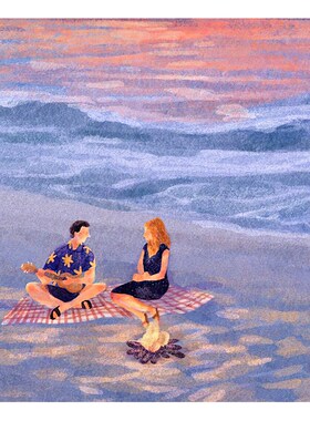 【特惠捡漏】插画师Subin复刻艺术版画海边情侣日落风景装饰画芯