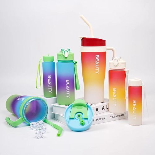 【3件套】大容量冰霸杯渐变色磨砂塑料水杯便携手柄带吸管双饮杯