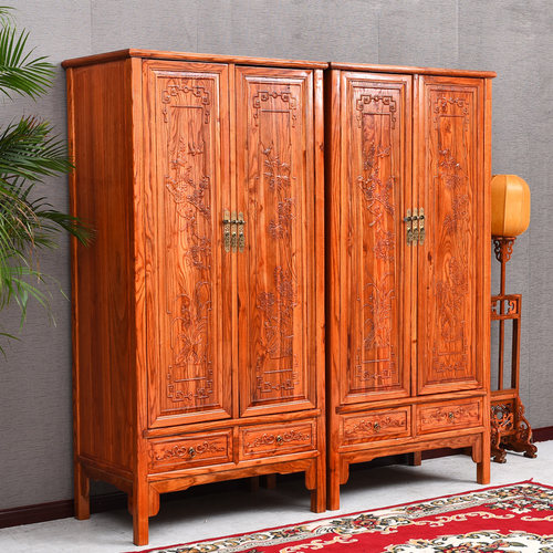 顶箱柜实木榆木中式储物柜 箱体雕花大衣柜衣橱 储藏柜金花梨木