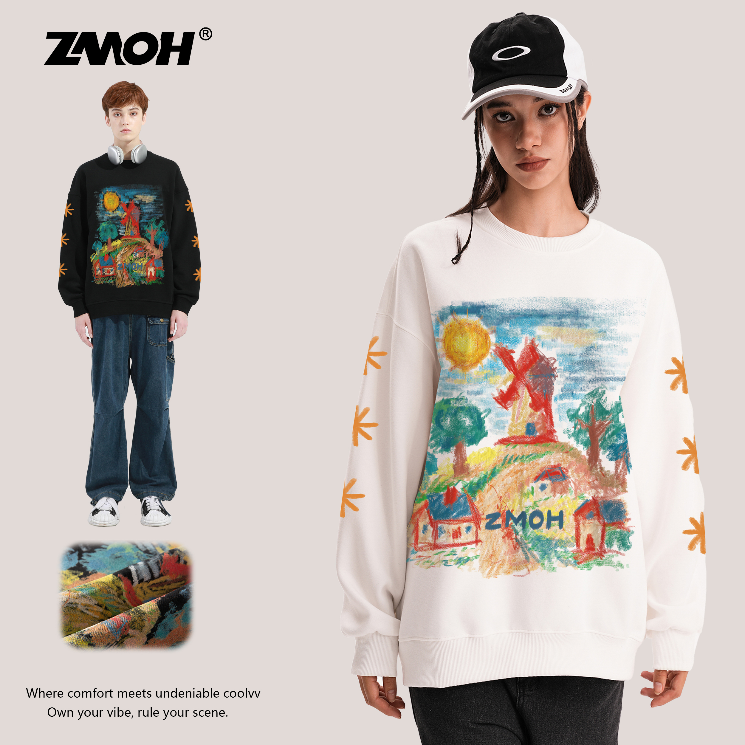 ZMOH圆领卫衣2025年秋季新款情侣美式涂鸦男休闲士大码长袖女上衣