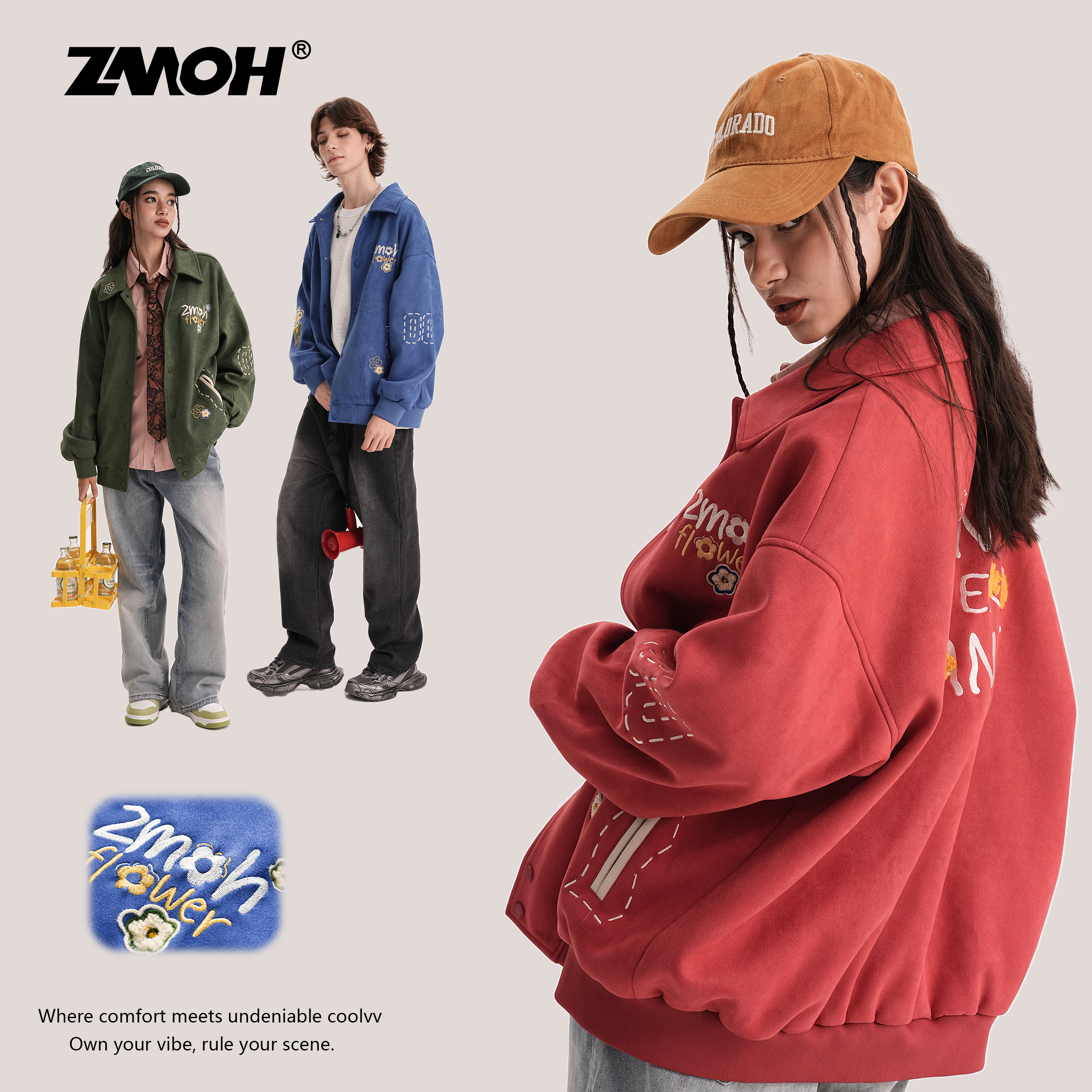 花卉刺绣美式情侣款棒球服