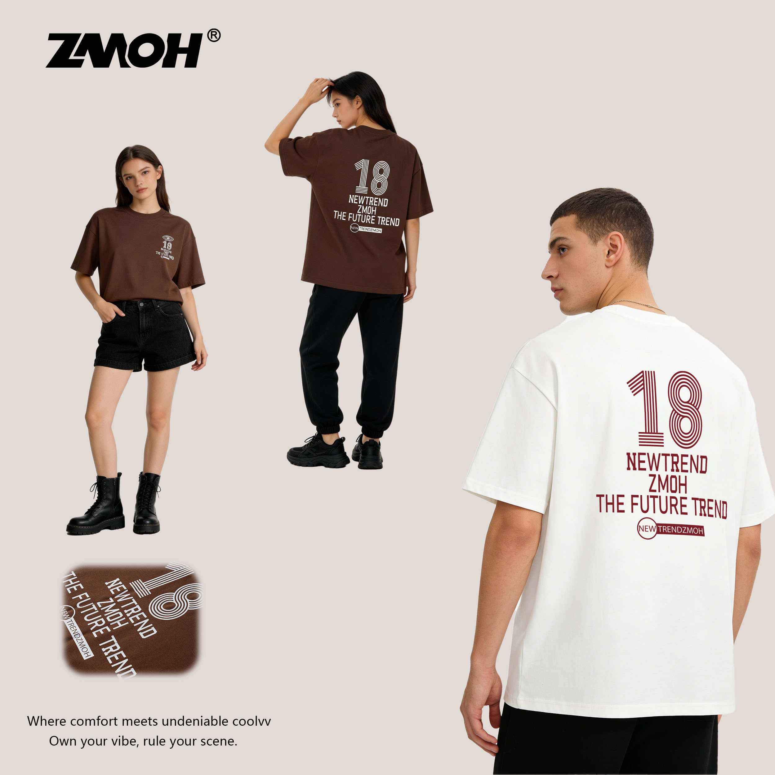 ZMOH圆领男士短袖2026年春夏新款白色纯棉透气女T恤落肩美式上衣