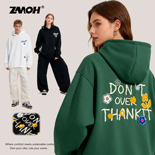 ZMOH情侣刺绣连帽卫衣2026年新款美式长袖男休闲女大码打底上衣