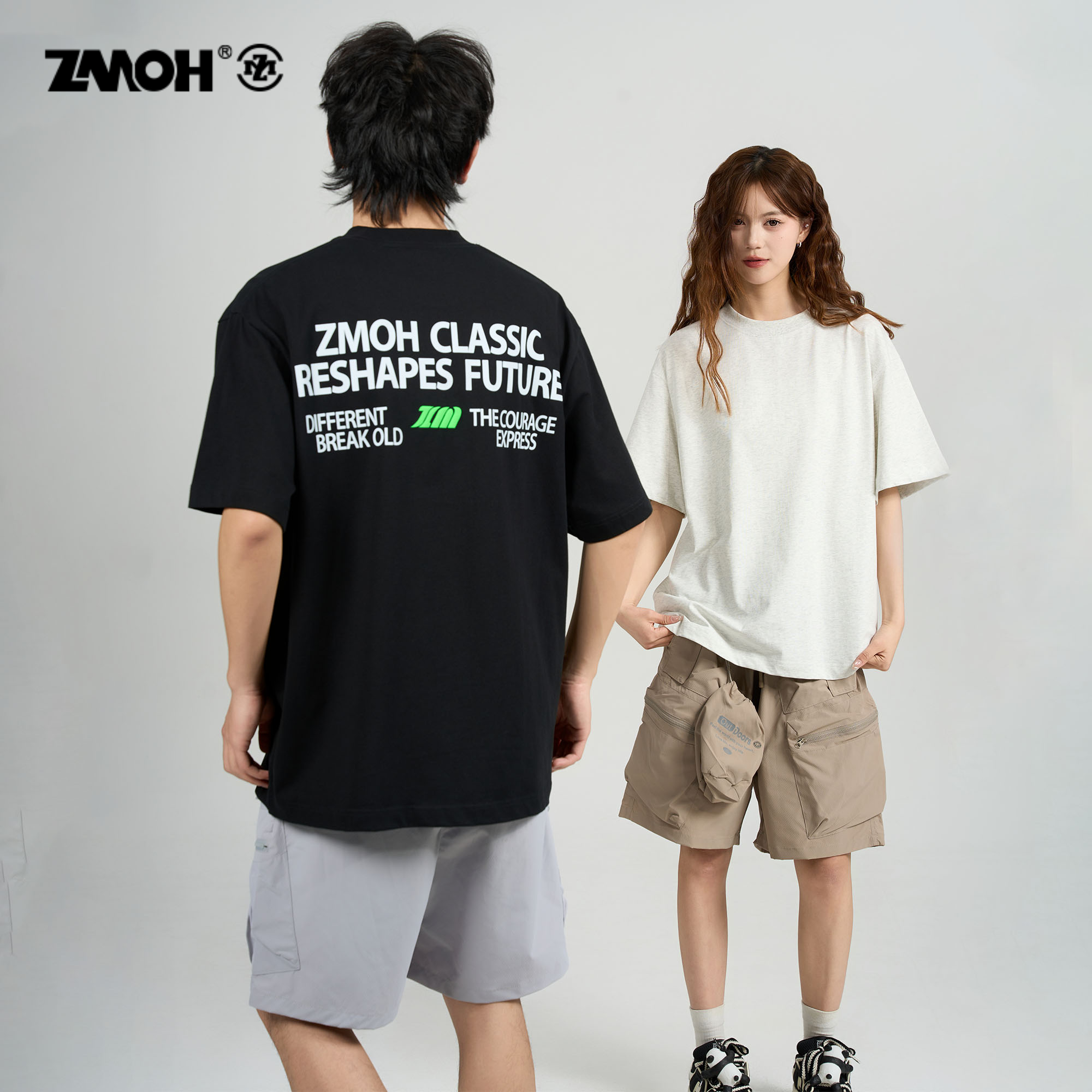 ZMOH情侣款重磅落肩短袖2025年夏季新款男士纯棉透气女生T恤上衣