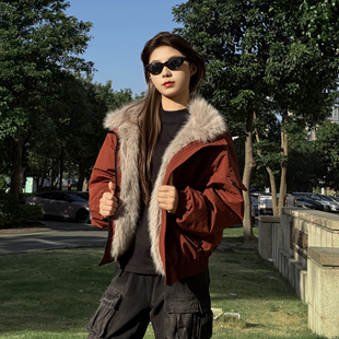 ZMOH情侣外套2025年短款冬季男士加厚保暖毛领女生棉服美式复古风