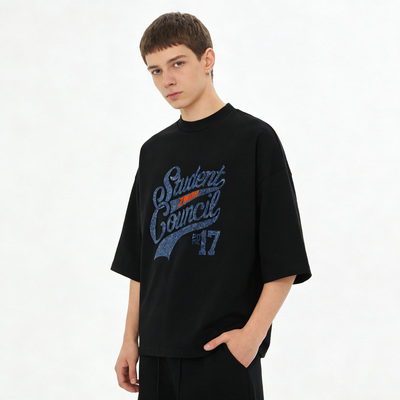 ZMOH圆领纯棉落肩短袖2026年春夏季男士美式休闲上衣透气女T恤