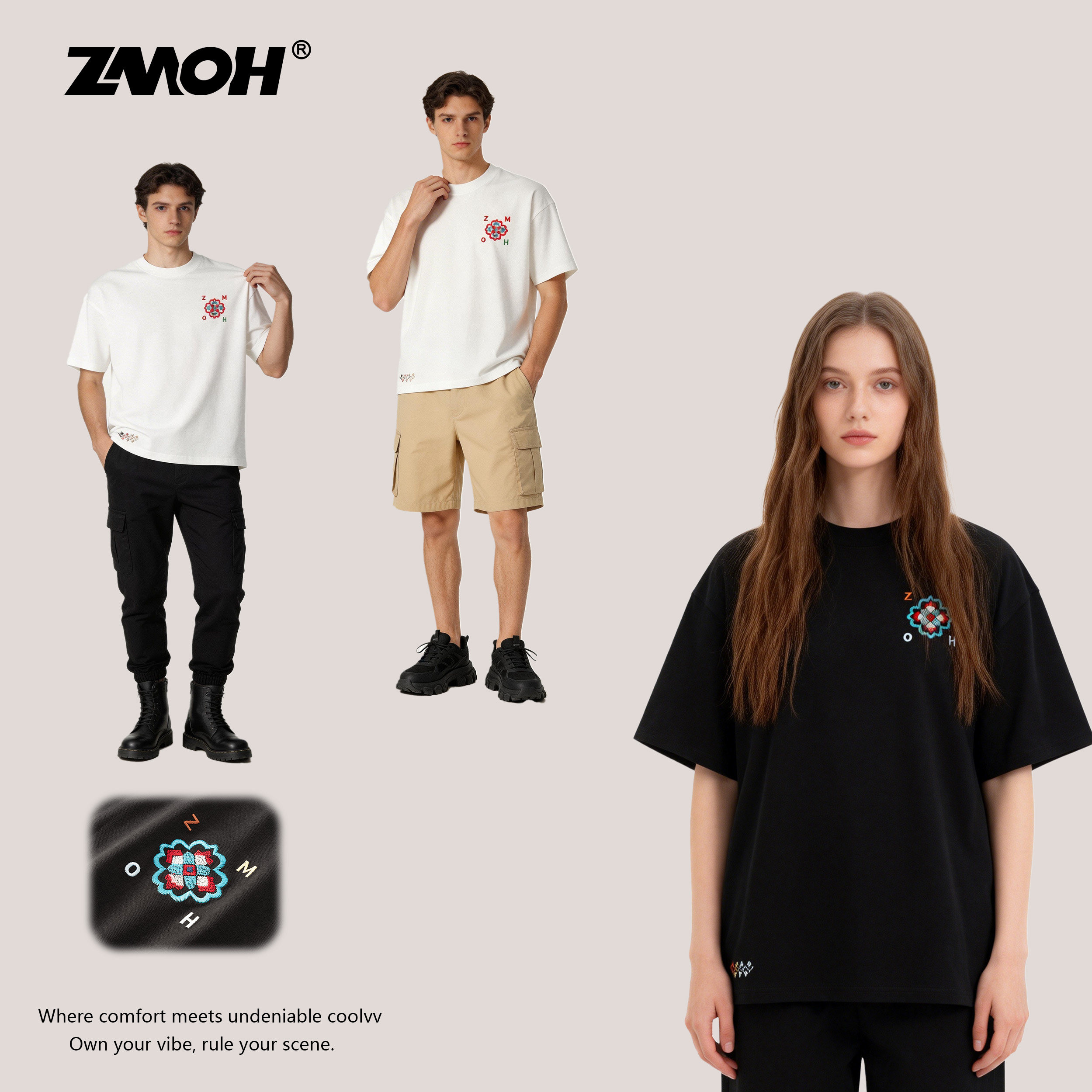ZMOH纯棉花卉刺绣圆领男士短袖2026年春夏美式透气女T恤落肩上衣
