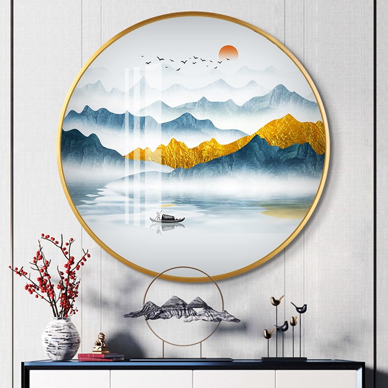 山水画圆形装饰画新中式入户玄关画走廊尽头挂画过道壁画禅意晶瓷图片