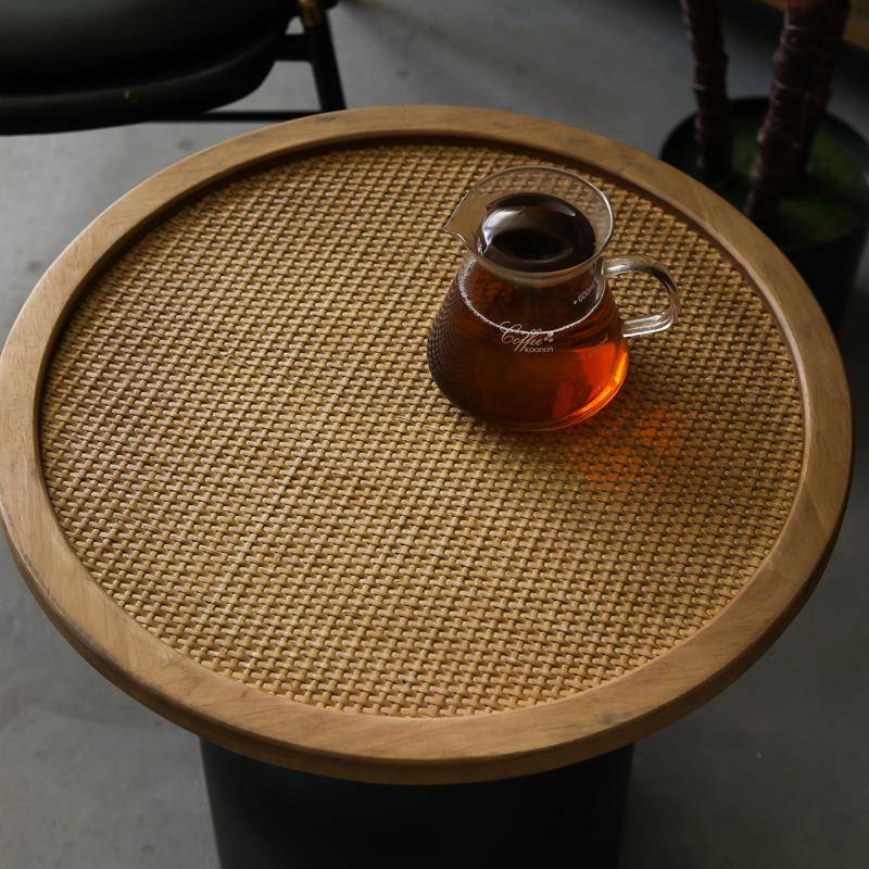 新款诧寂风客厅沙发边几实木床头茶几中古风铁艺角几复古小圆桌藤