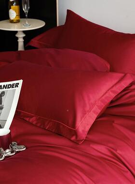 简纯色红色婚庆00S长约绒四件套结婚全棉贡棉缎床单被套床上1WZ10