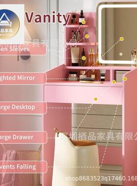 卧室梳妆台收带智LED能镜现WWM简约化妆桌大代容量抽屉纳柜厂家直
