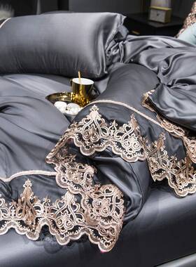 跨境式样纯色床单水洗真欧刺绣蕾丝边丝床EYB95110笠四件套板房床