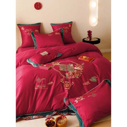 中式床婚庆纯全K4棉床单四绣件套100S澳棉结婚大红色刺被套上用品