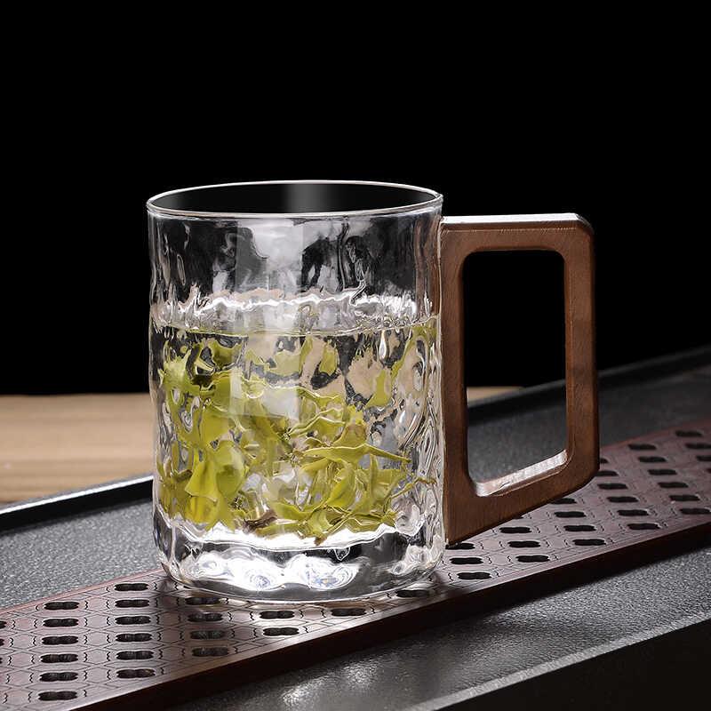 玻璃泡茶杯子喝茶杯个人专用绿茶杯带盖子高硼硅手工木把锤纹品茗