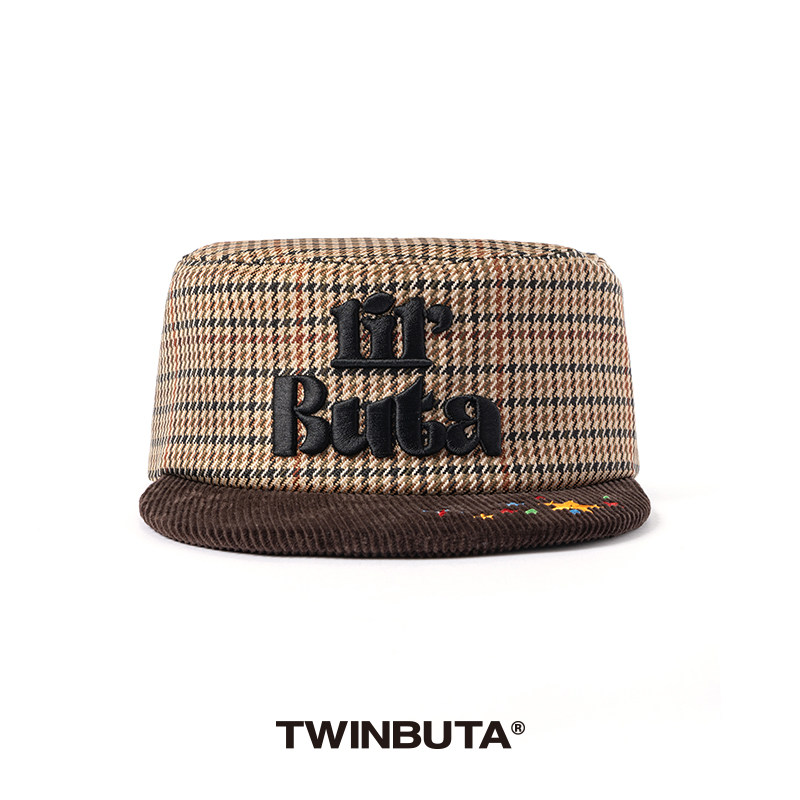 TWINBUTA【苏新皓同款】千鸟格平顶复古拼接灯芯绒立体刺绣平檐帽