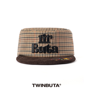 TWINBUTA｜千鸟格平顶复古拼接灯芯绒立体刺绣平檐帽